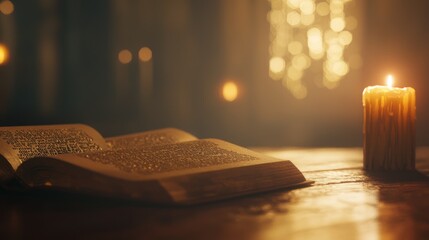 Hands Folded in Prayer Over an Open Book with Candlelight Glow