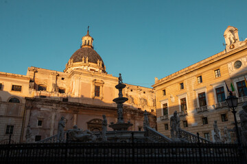 Pretoria Fountain and Dome of Santa Catarena in the Evening Shadows; Fountain of Shame Palermo Sicily Italy 