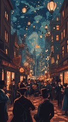 A Victorian Night Street Scene With Floating Lanterns