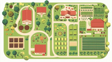 Aerial View of a Colorful Farm Landscape with Various Fields and Buildings