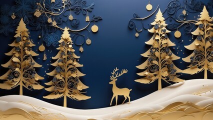 Golden 3D Christmas Scene with Tree and Deer, Perfect for Text Overlay