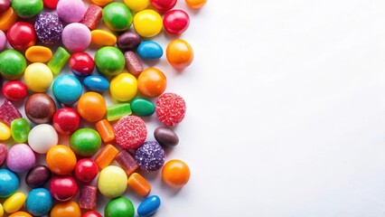 Obraz premium A vibrant collection of assorted sweets, colorful candies, and delicious gumdrops arranged against a clean white background, leaving ample space for text or design elements.