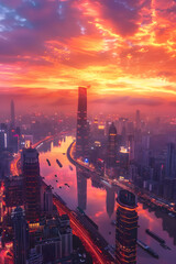 Fototapeta premium Dawn Break Over Gleaming Urban Landscape - A Twinkling Cityscape under Kaleidoscopical Sky