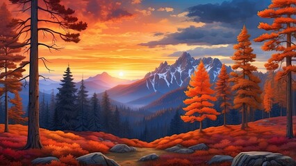 "Dynamic Artwork Showcasing a Forest Fire with Radiant Sunlight and Lush Foliage, Highlighting Nature’s Resilience"