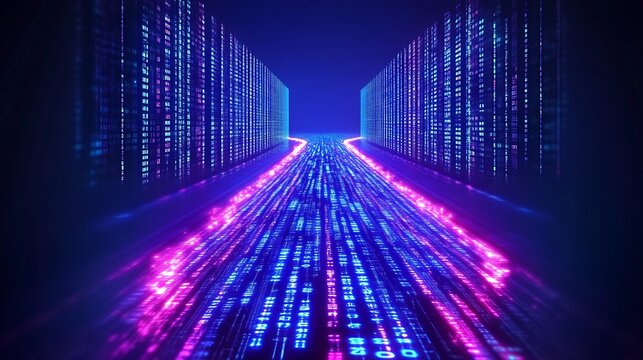 Digital Data Stream Flows Through Neon Cityscape