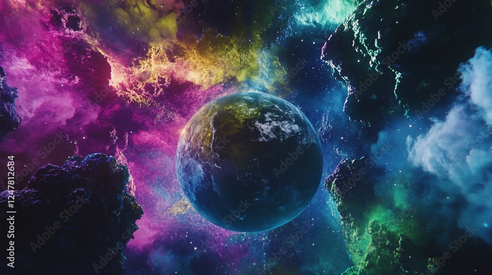 Poster a vibrant planet in a colorful nebula with surrounding rocky formations in deep space