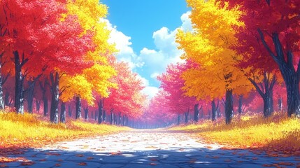 Vibrant Autumnal Pathway Dreamlike Landscape Painting Colorful Trees Sunlit Path Digital Art