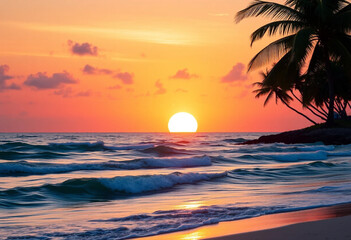 The sunset by the beach casts a golden glow, reflecting on the calm waves. The sky fades into shades of orange and purple, creating a peaceful and romantic atmosphere, perfect for a memorable moment.