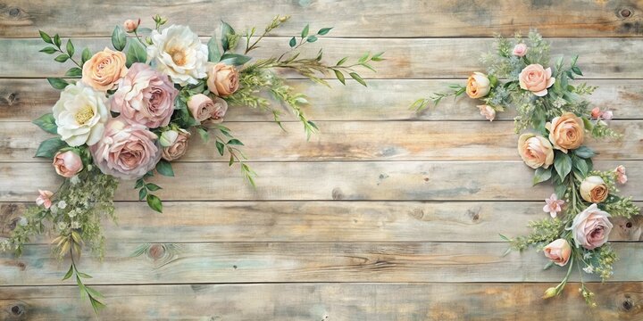 Rustic Wooden Plank Background Adorned with Delicate Peach and Cream Roses and Greenery, Perfect for Wedding Invitations or Romantic Announcements