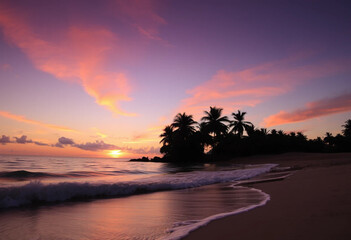 The sunset by the beach casts a golden glow, reflecting on the calm waves. The sky fades into shades of orange and purple, creating a peaceful and romantic atmosphere, perfect for a memorable moment.