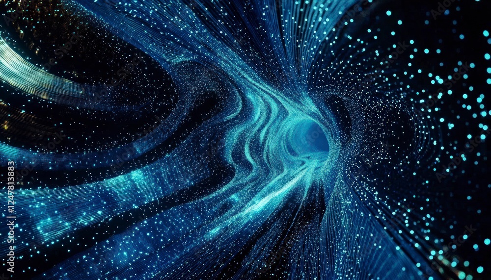 Poster abstract digital tunnel with bright particles flowing in motion