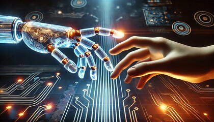 Futuristic Digital Artwork of a Robotic Hand Touching a Human Hand in a Cybernetic Interface
