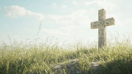 Peaceful Cross in a Tall Grass Field Under a Clear Sky