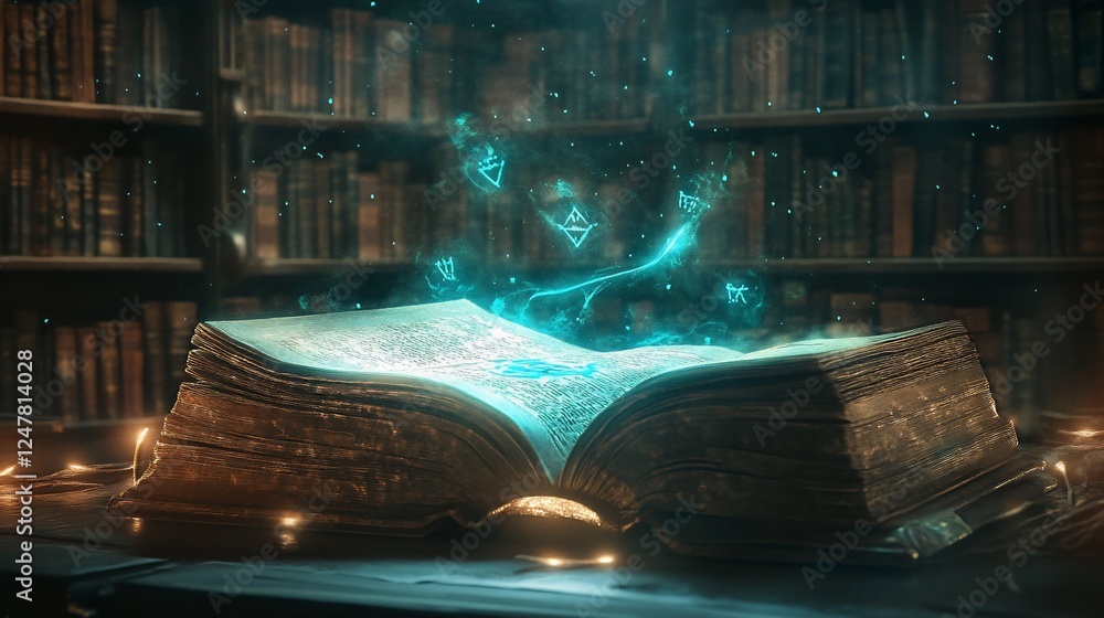 Poster mystical open book with glowing runes and magic particles in a library