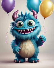 Little smiling blue monster with birthday balloons, digital art, 3D animation, celebration, design, illustration.