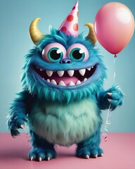 Obraz premium Little smiling blue monster with birthday balloon, digital art, 3D animation, celebration, design, illustration.