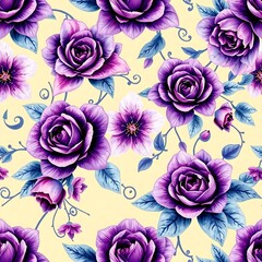 A stunning seamless wallpaper featuring intricate purple roses, orchids, and peonies entwined with vines. Soft gradient watercolor background with mesmerizing lens glow lighting.