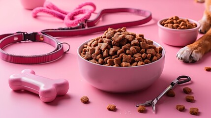 Pink Dog Food Bowl and Accessories