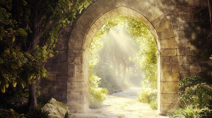 Fototapeta premium Serene Stone Archway Bathed in Gentle Light Surrounded by Nature