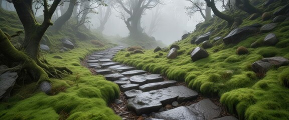 Dense fog envelops a winding pathway of moss-covered stones, pathway, eerie, labyrinth