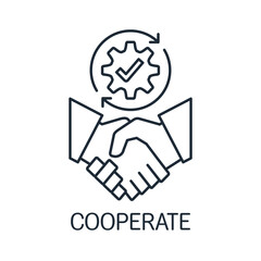  Cooperate.  Colleagues putting together effective solutions to work problems. Solving, management, smart planning.Vector linear icon isolated on white background.