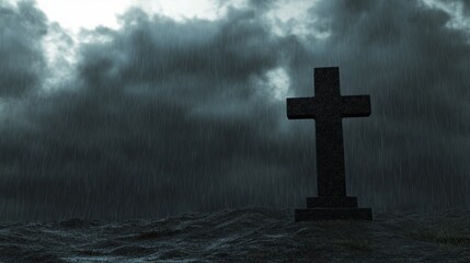 Solitary Cross in Rainswept Graveyard Under Dark Clouds