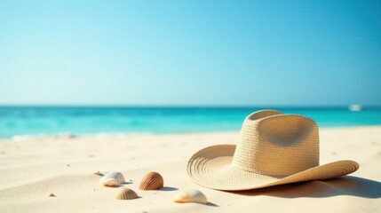 Serene Coastal Scene Straw Hat and Seashells on Pristine Sand Beach Under a Clear Sky
