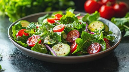 Fresh salad with tomatoes, cucumbers, and greens