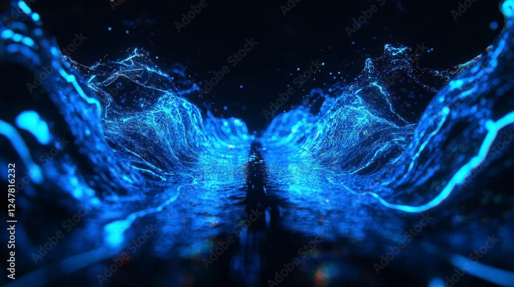 Poster vibrant blue water waves creating dynamic patterns in the dark