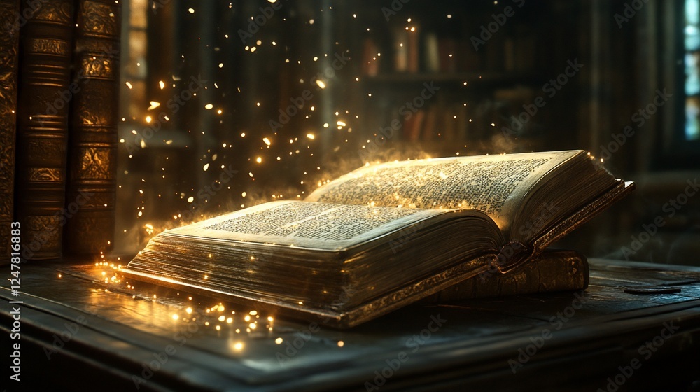 Poster magical open book with golden light in a mystical library setting