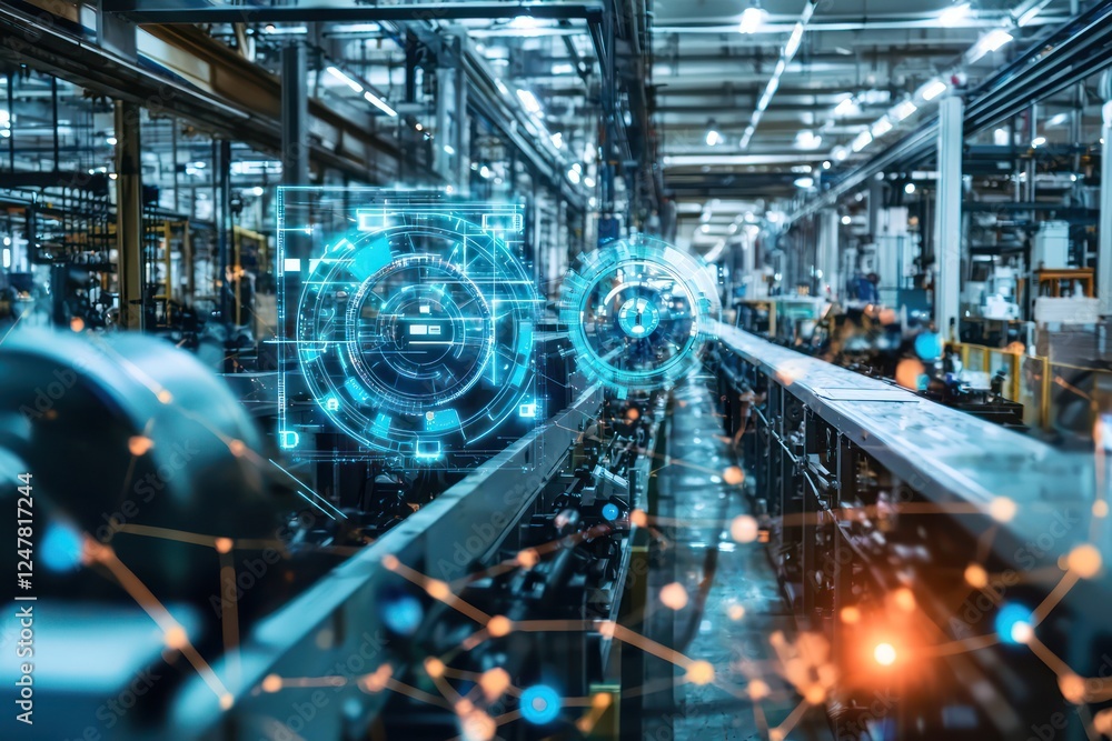 Poster high-tech factory, iot-enabled predictive maintenance for cooling systems visualized.