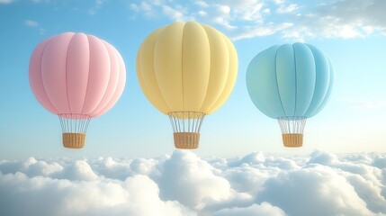 Fototapeta premium Pastel Hot Air Balloons Soaring Above Cloudscape Dreamy Aerial View