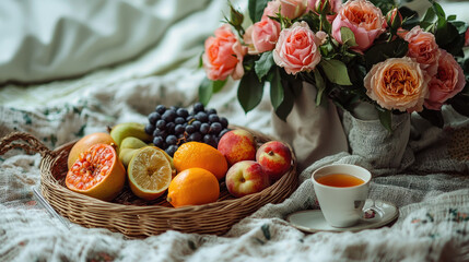 A Minimalist picnic with roses and fruits. 