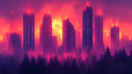 Obraz premium Futuristic City Skyline at Sunset Over a Forest