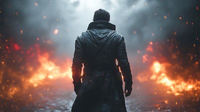 Lone Figure Stands Amidst Fiery Inferno