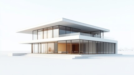 68.A detailed 3D-rendered model of a modern minimalist house with clean lines, large glass windows, and a flat roof, set against a pure white background.