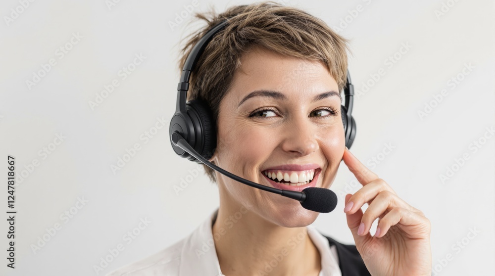 Poster friendly customer service representative wearing a headset, smiling while assisting a client. profes