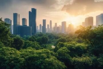 Fototapeta premium Lush green park contrasts with a city skyline at sunset. Illustrates urban planning prioritizing nature and sustainable living.
