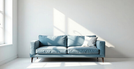Serene Minimalist Living Room with a Light Blue Sofa and Natural Sunlight Streaming Through a Window