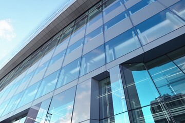 Obraz premium Contemporary glass office building with reflective windows capturing the blue sky, showcasing modern architecture and urban concept. Ai generative