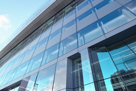 Contemporary glass office building with reflective windows capturing the blue sky, showcasing modern architecture and urban concept. Ai generative