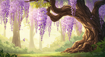 Quiet Forest Wisteria Cascade in 2D Anime Illustration