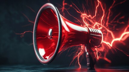 12.An eye-catching 3D megaphone design in red and silver tones, producing vivid electric lightning effects, creating a sense of urgency and powerful communication.