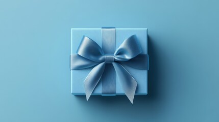 90.A minimalistic vector depiction of a square gift box with a large satin bow, rendered in shades of blue with a clean and modern design.