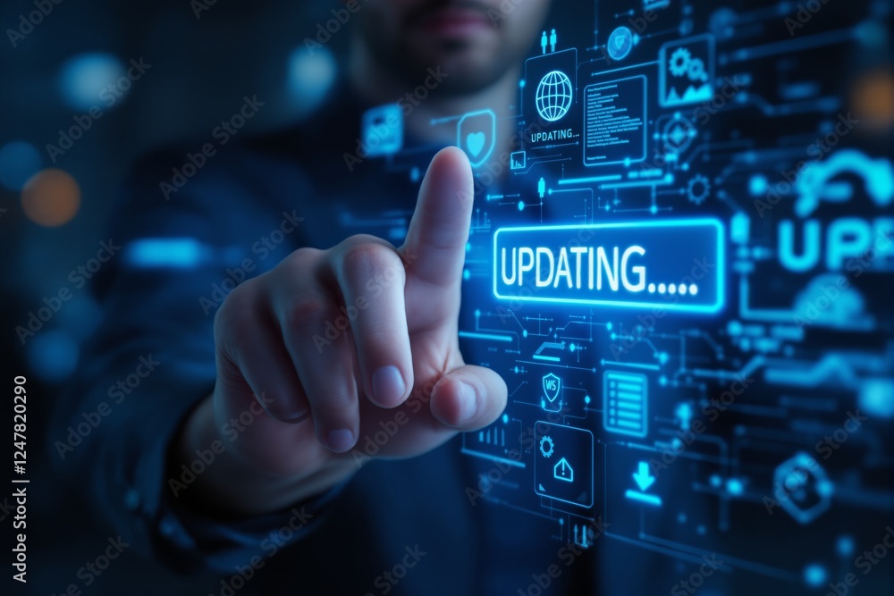 Poster businessman interacts with digital interface showing updating progress, futuristic elements, and tec