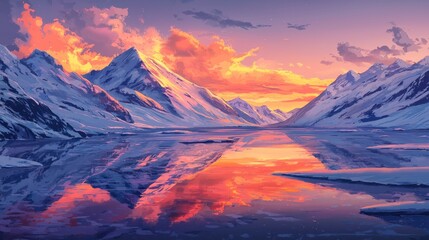 Obraz premium Stunning sunset over snow-capped mountains reflected in a frozen lake.