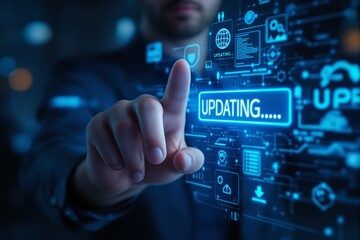 Businessman interacts with digital interface showing updating progress, futuristic elements, and technology icons in a glowing blue environment, concept of software update. Ai generative