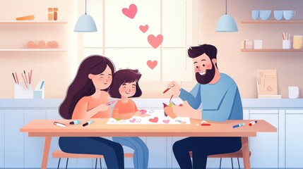 Obraz premium Family Bonding Moments: Parents and Child Enjoying Creative Art Session at Home with Love and Joy