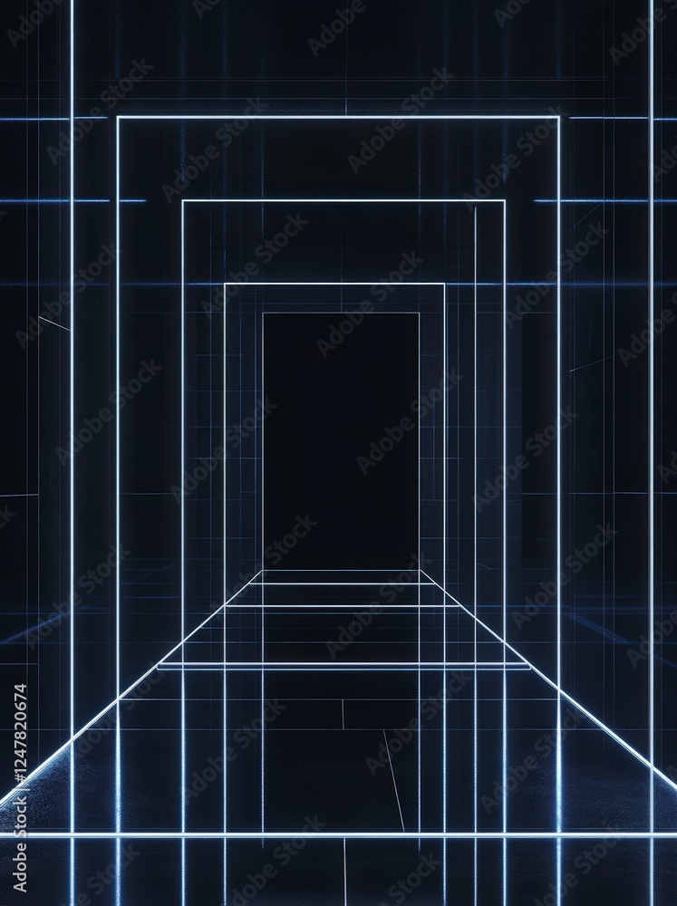 Poster futuristic virtual tunnel with neon lines and dark background