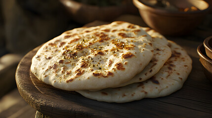 Homemade Artisan Naan and Flatbread Recipe: Rustic Cooking with Fresh Ingredients, Aromatic Herbs and Spices for a Flavorful Meal, Perfect Appetizer or Snack on a Wooden Plate